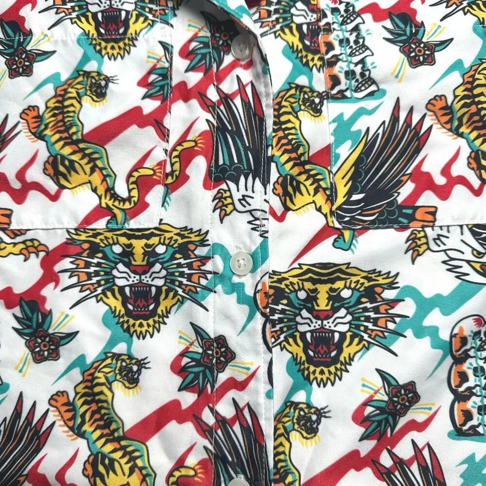 Empyre | Women | Kidd White Tiger Eagle Skull Cropped SS Button Up Shirt | XS